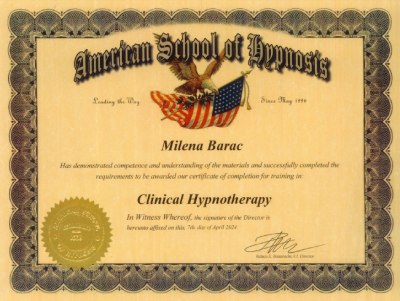 Hipnoterapija - sertifikat Milena